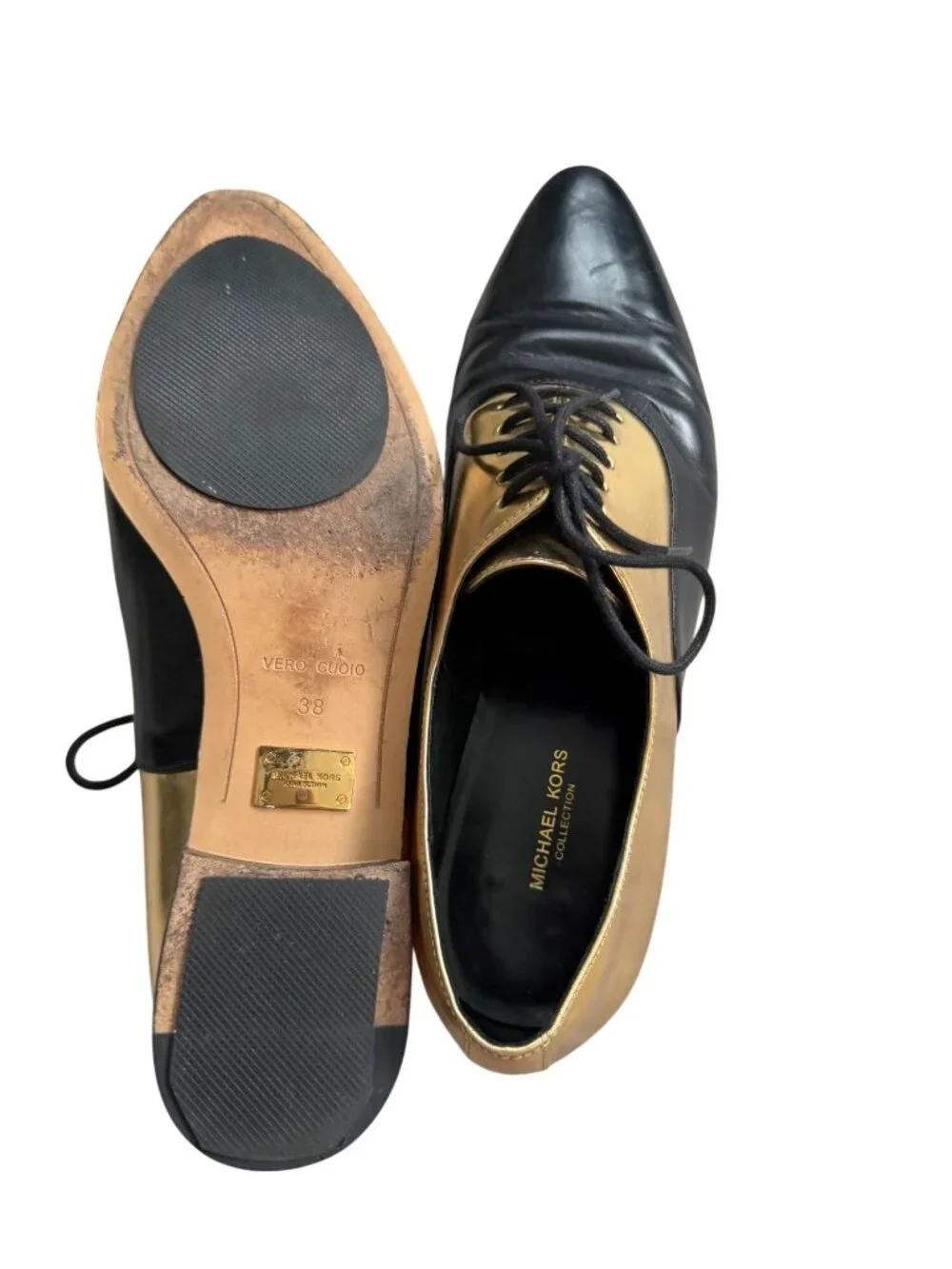 MICHAEL KORS Collection Gold Black Leather Oxford Flats Size 38 / 8